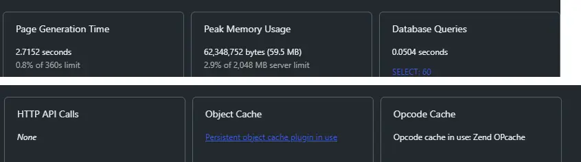 Query Monitor Overview panel showing page generation time, peak memory usage, database query counts by type, HTTP API calls, object cache and opcode cache status